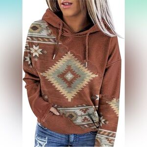 Women's Western Aztec Vintage Casual Pullover Pocket Drawstring Hoodie